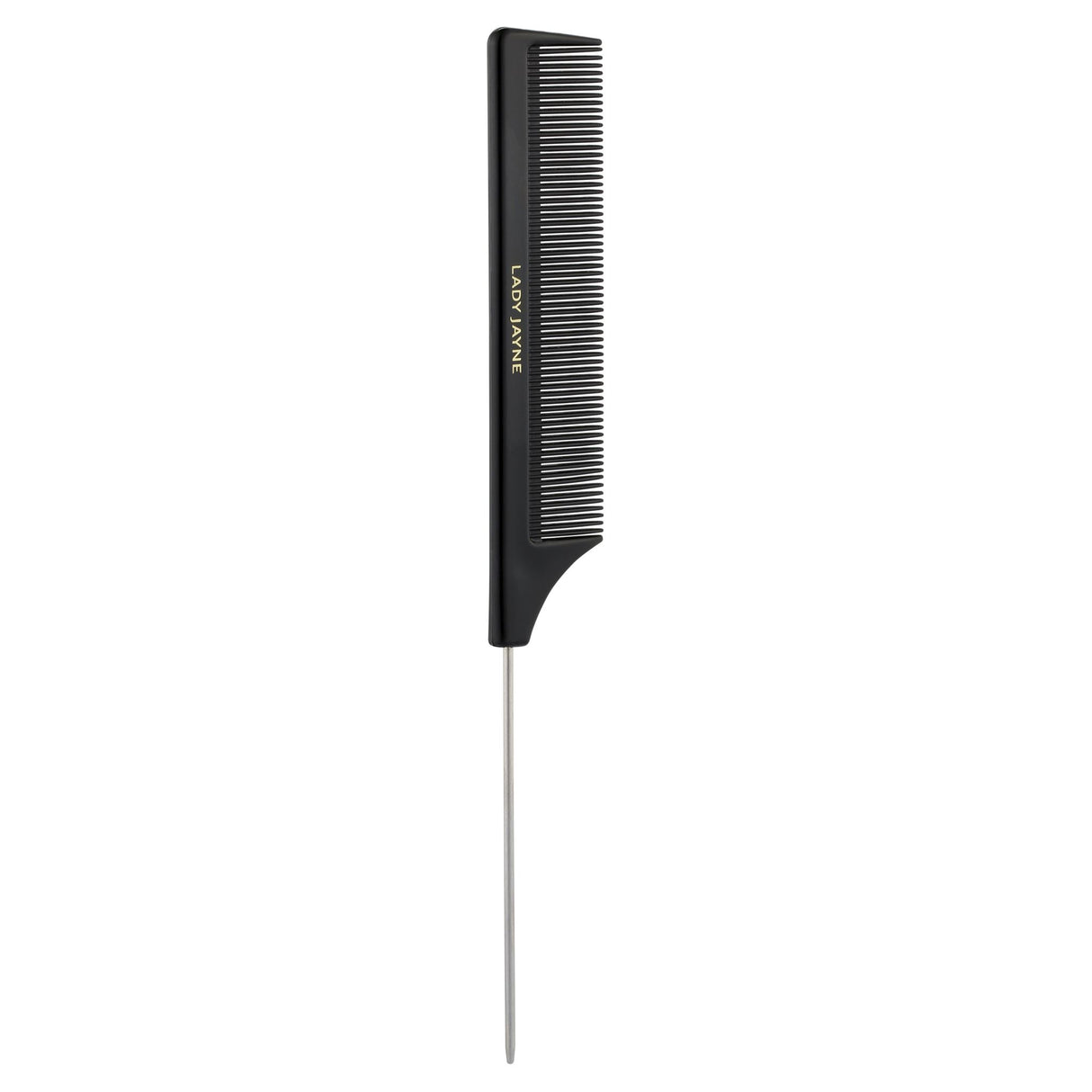 Lady Jayne Metal Tail Comb with pointed end for precise styling and non-slip grip for control, ideal for intricate hairstyles.