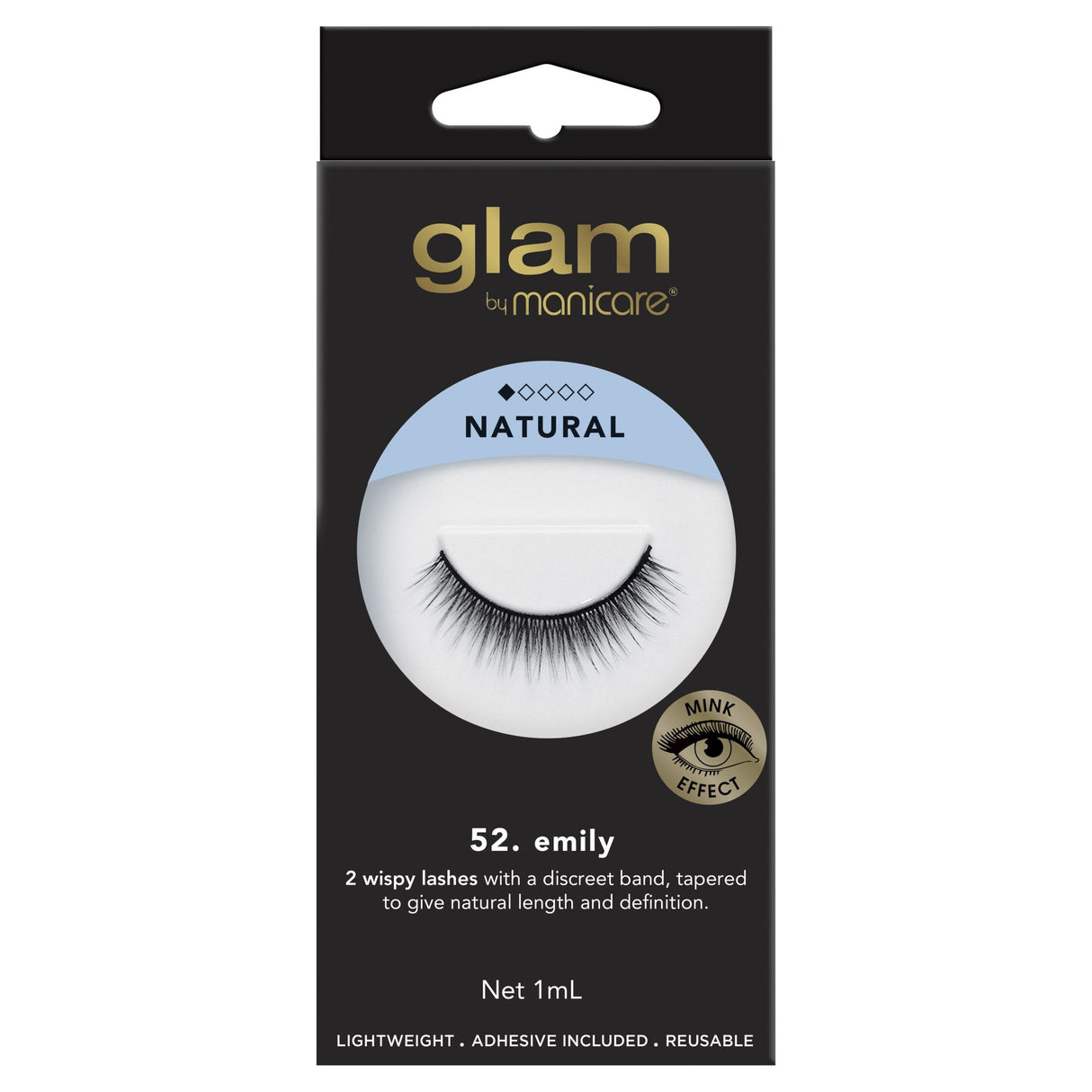 Glam By Manicare 52 Emily Mink Effect Lashes with two wispy layers for natural length, definition, and comfortable wear.