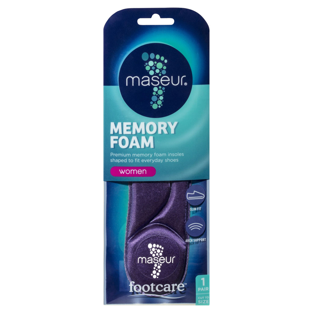 Maseur Women's Memory Foam Insoles with arch support, designed for comfort in everyday and tight-fitting shoes.