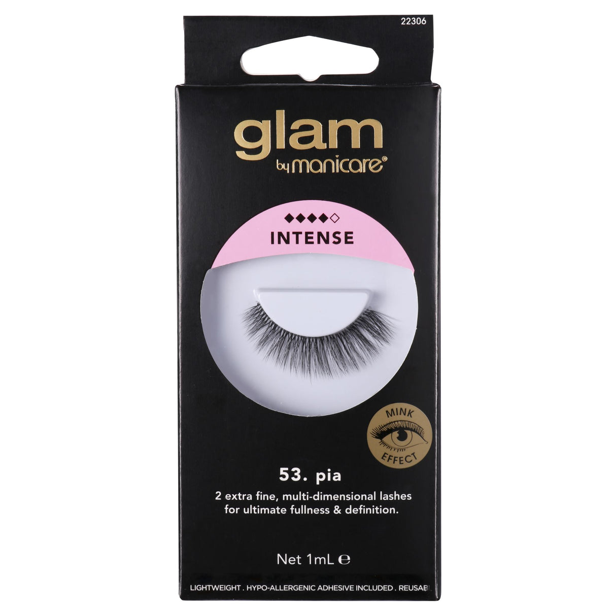 Glam by Manicare 54 Pia Lashes: multi-dimensional false lashes for striking volume and natural beauty enhancement.