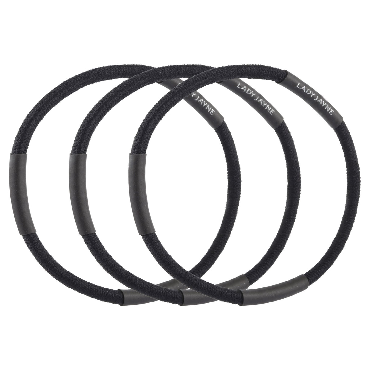 Lady Jayne Black Super Hold Elastics pack of 18, designed for secure hairstyles with no-slip grip, ideal for all hair types.