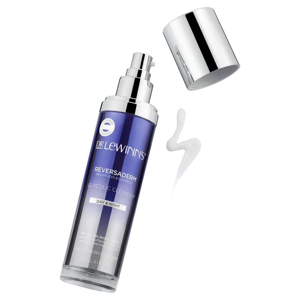 Dr. LeWinn's Reversaderm Glycolic Cleanser 120mL, with 12% Glycolic Acid, deeply cleanses and resurfaces for radiant skin.