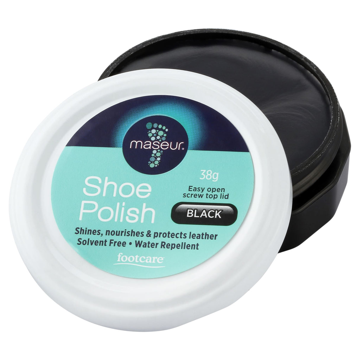 Footcare Shoe Polish Black 38g, eco-friendly polish for leather shoes, nourishes, protects, and enhances shine.