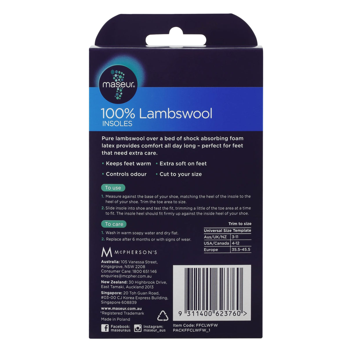 Footcare Lambswool Insoles, made from pure lambswool for warmth and comfort, perfect for all-day wear with shock-absorbing base.