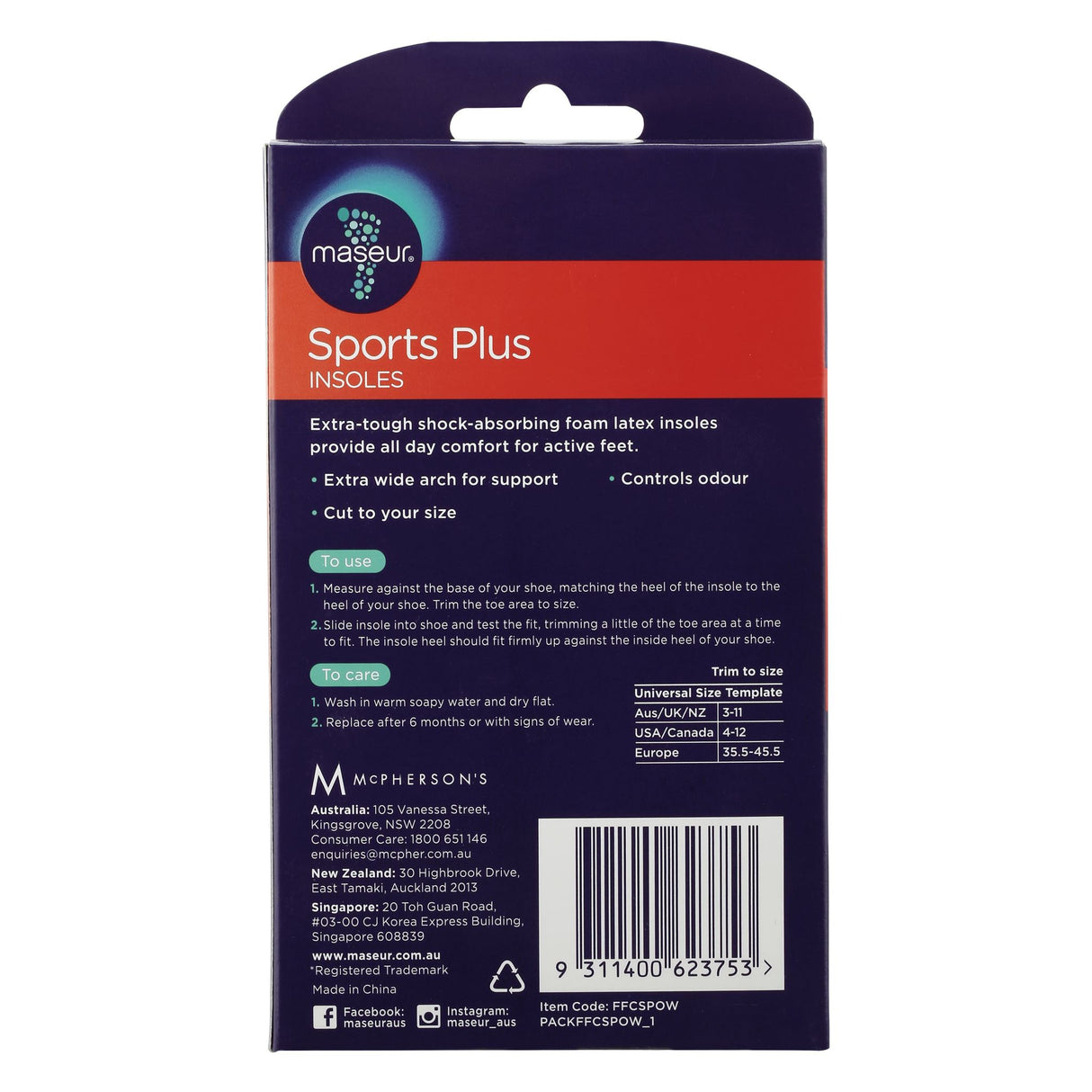 Footcare Sports Plus Insoles with unique arch shape, shock-absorbing foam, and odor control for ultimate comfort and support.