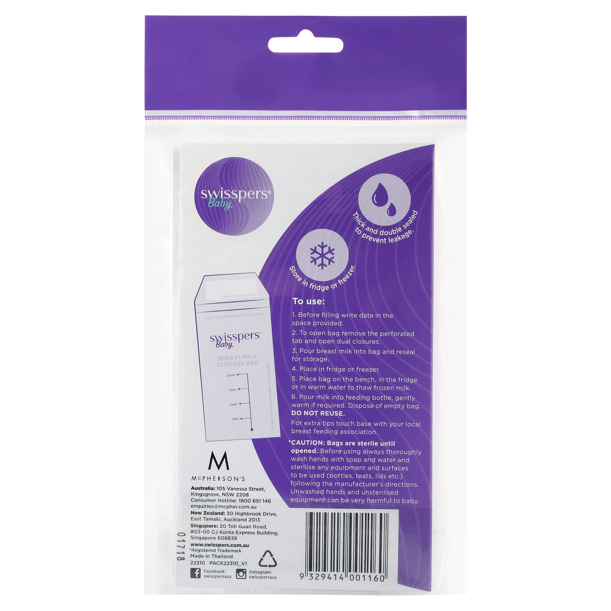 Swisspers Breast Milk Storage Bags in a 20 pack, BPA-free, with measuring guide and tear-away seals for safe storage.