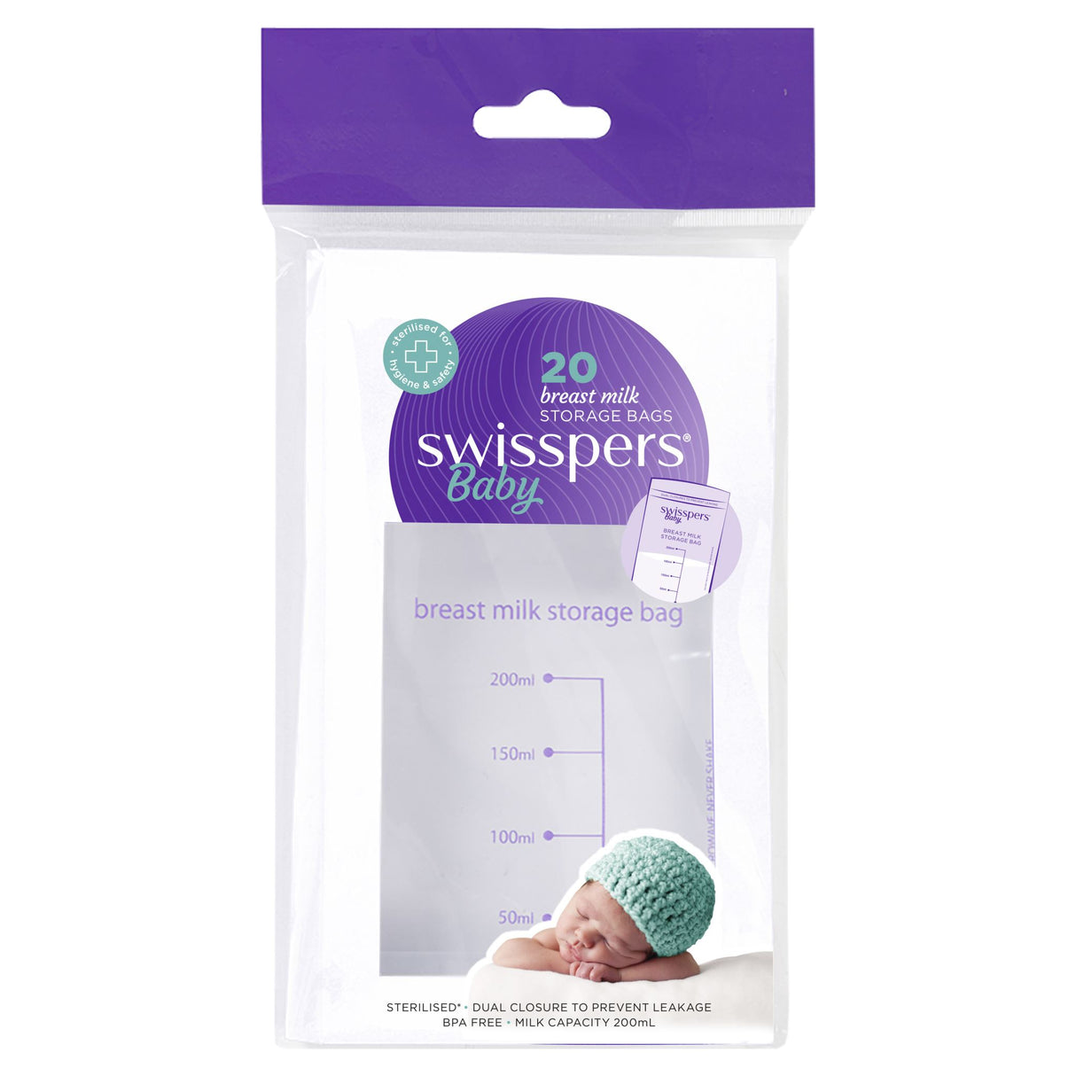 Swisspers Breast Milk Storage Bags in a 20 pack, BPA-free with tear-away seals and measuring guide for easy use.