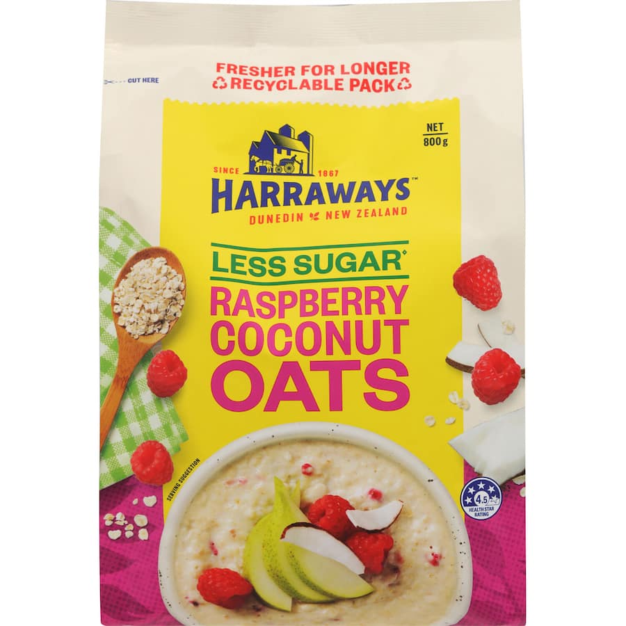 Harraways Less Sugar Oats Raspberry Coconut 800g
