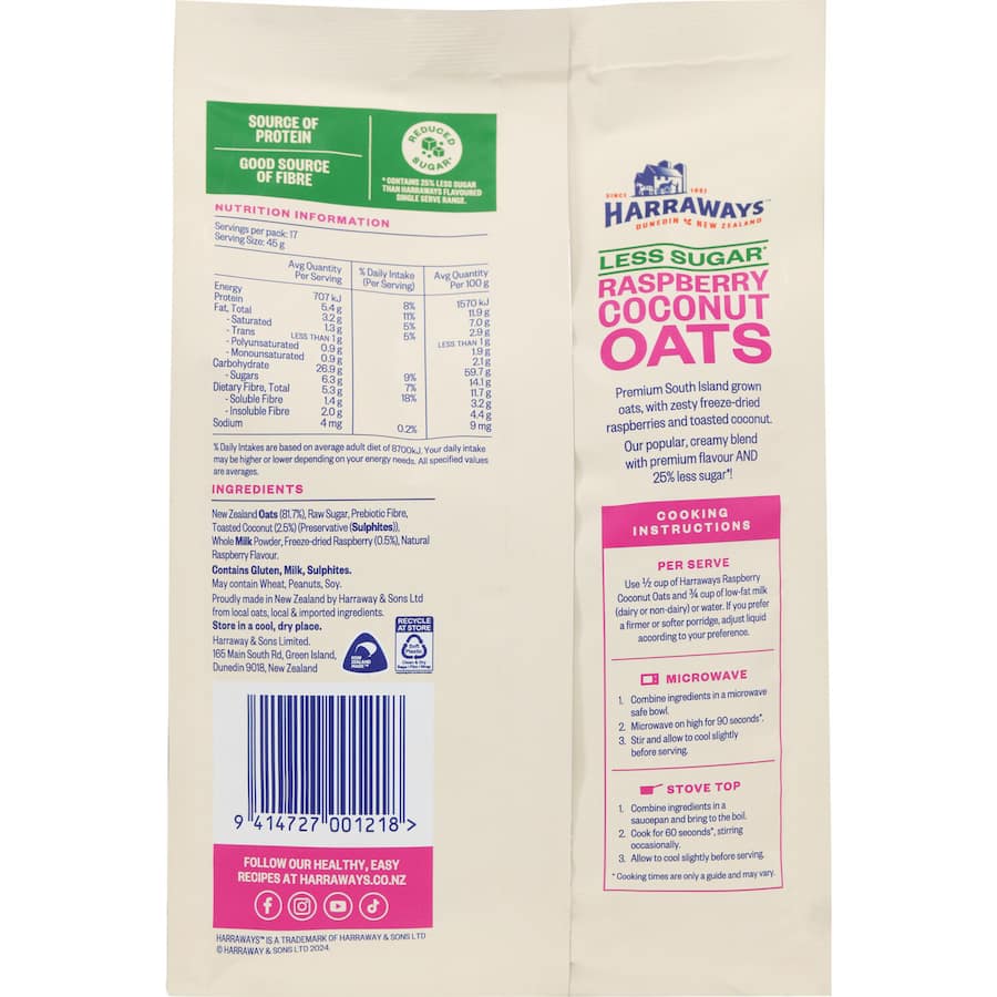 Harraways Less Sugar Oats Raspberry Coconut 800g