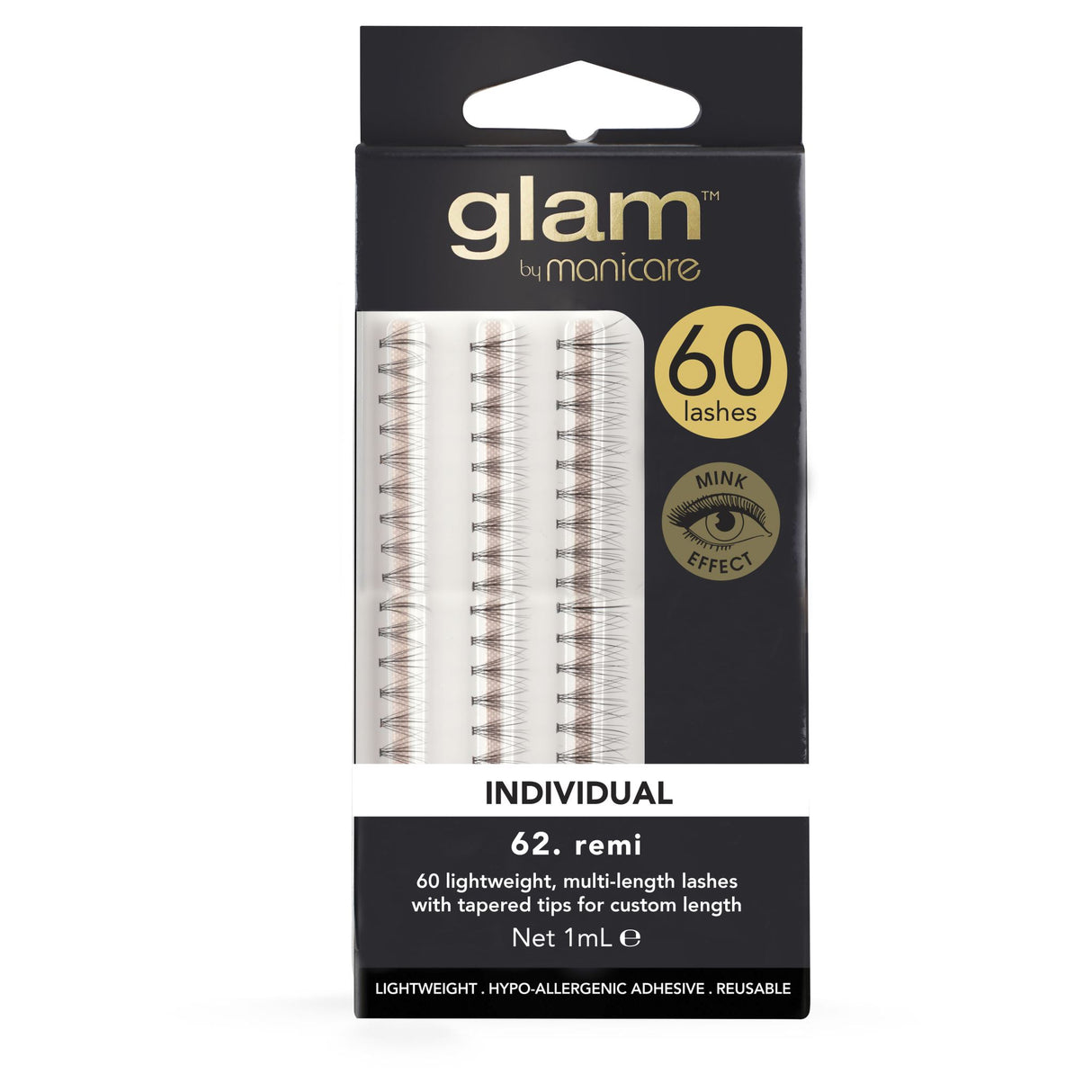 Glam By Manicare 62 Remi Individual Mink Effect Lashes for customizable length, volume, and a natural, glamorous look.