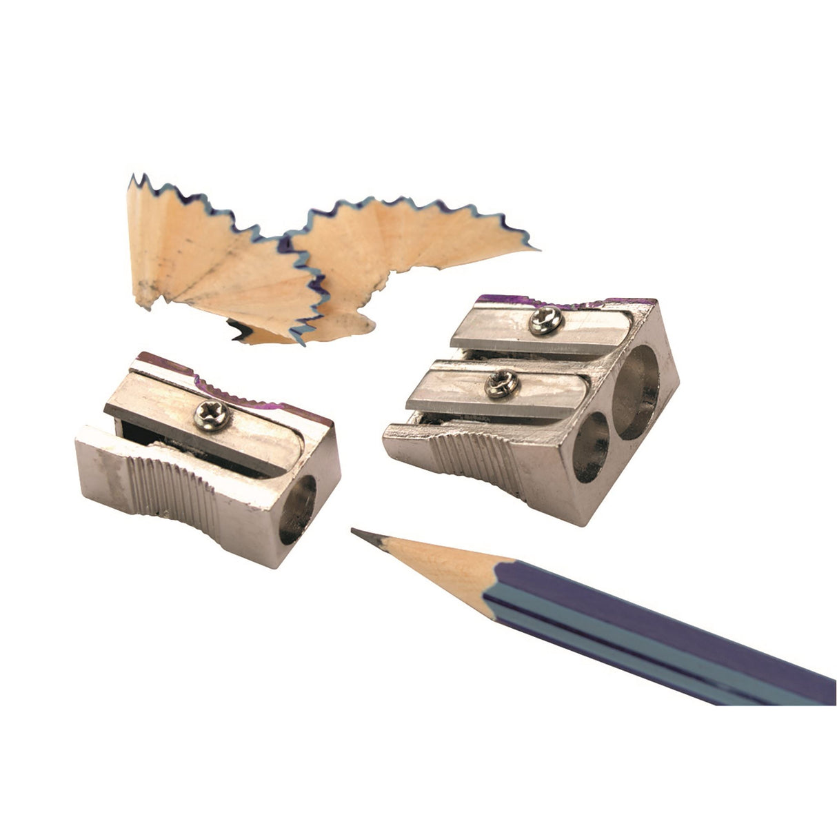 Metal pencil sharpener with one hole, ideal for schools and offices, sold in a box of 48 units.