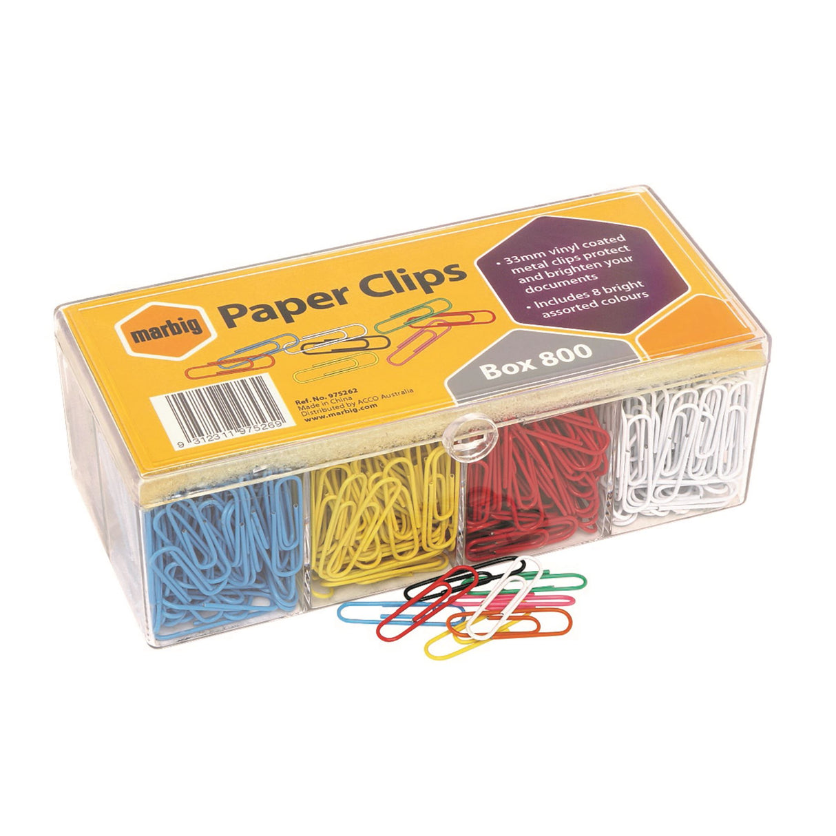 Box of 800 Marbig vinyl-coated paper clips in assorted bright colours for effective document organization and protection.