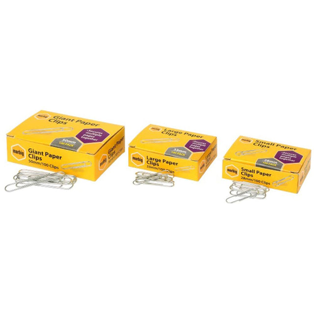 Marbig chrome paper clips in three sizes, sturdy metal design for organizing documents with a sleek finish.