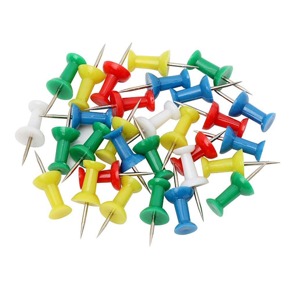 Set of 30 Marbig whiteboard push pins in vibrant colors, ideal for organizing documents and ideas in offices and classrooms.