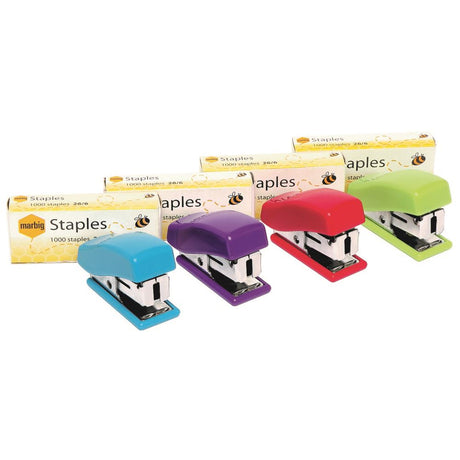 Compact Marbig Mini Stapler with 1000 26/6 staples, ideal for on-the-go stapling in assorted colors.