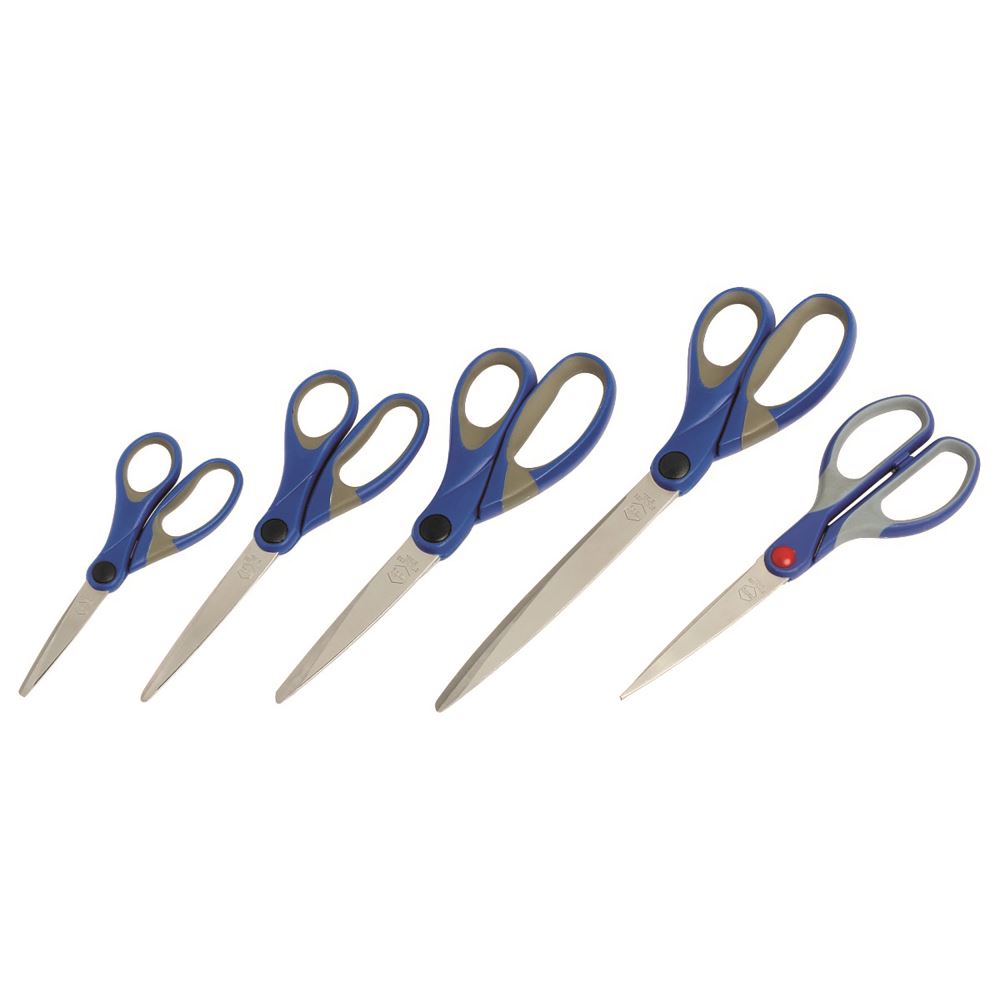 Marbig Comfort Grip Scissors 215mm with stainless steel blades, blue handles, and ergonomic design for easy, precise cutting.