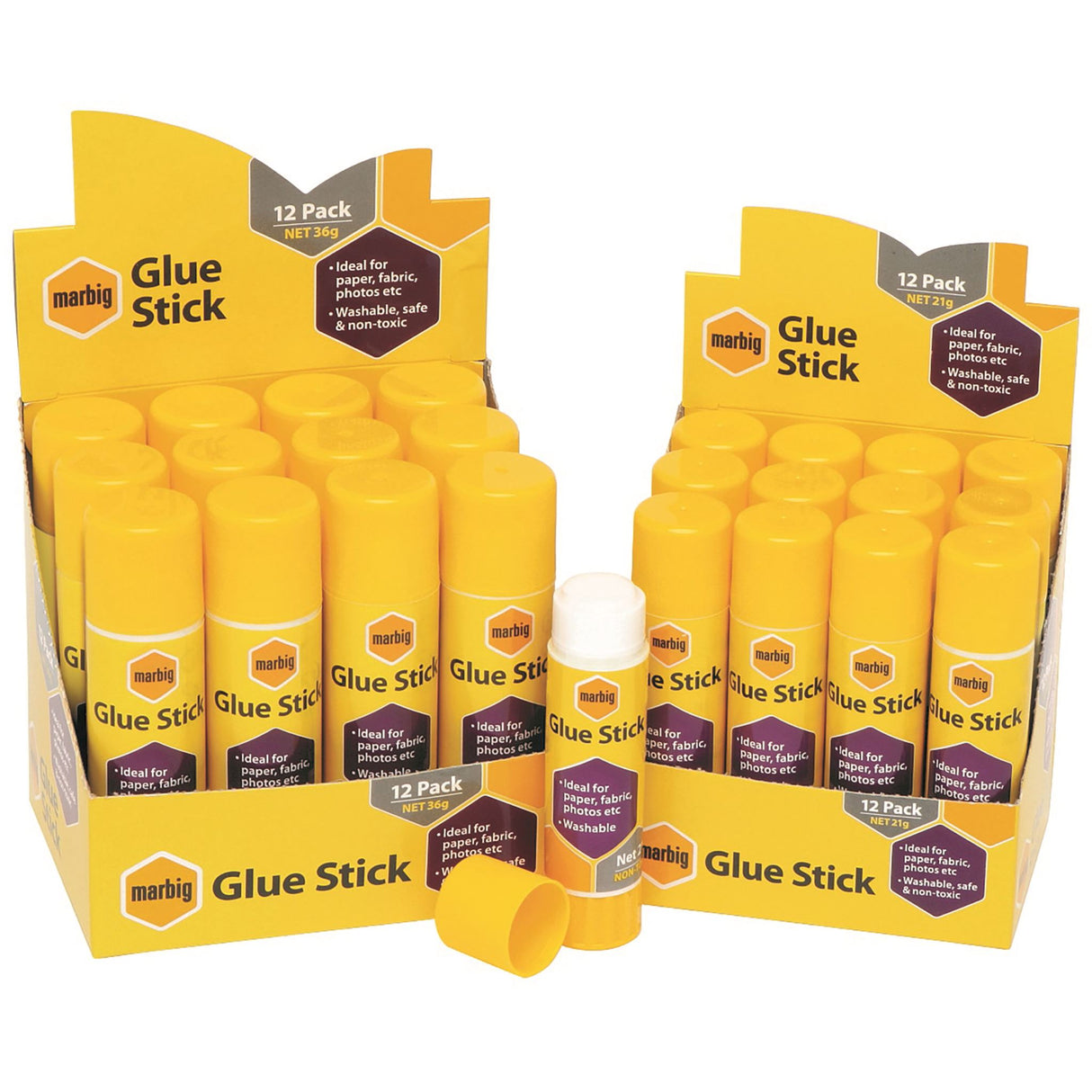 Marbig Glue Stick 21gm display unit of 12, featuring quick-drying, no-mess adhesive ideal for various crafting and office projects.