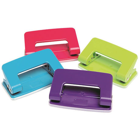 Brightly colored Marbig 2 hole punch with plastic base, punches up to 6 sheets, ideal for home, school, or office use.