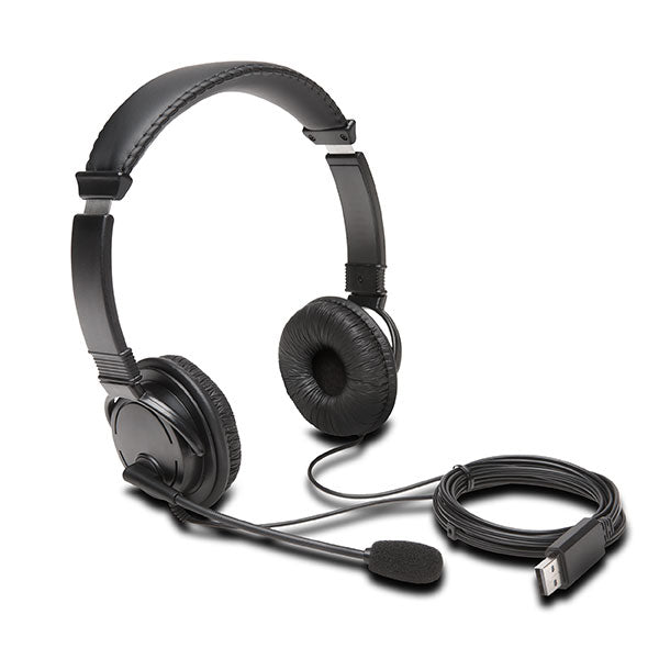 Kensington Hi-Fi USB-A headphones with microphone, featuring 40mm drivers, adjustable headband, and noise-canceling mic.