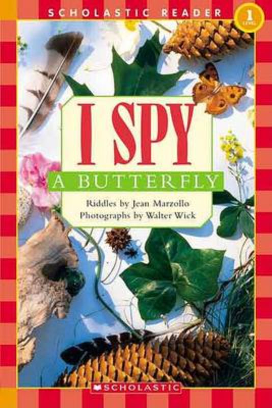 Colorful activity book 'I Spy a Butterfly' featuring imaginative riddles and captivating photographs for young readers.