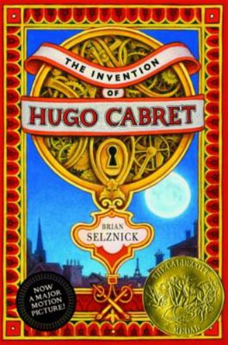 A hardcover book, 'The Invention of Hugo Cabret', combining graphic novel art and storytelling, featuring an orphan's adventure in Paris.