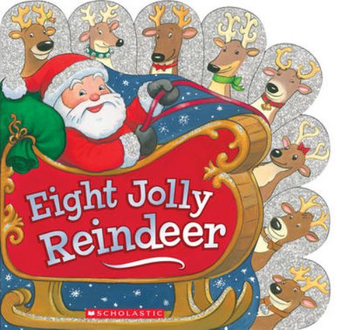 Colorful board book featuring Santa's reindeer, designed for toddlers with rhymes, tabs, and vibrant illustrations.