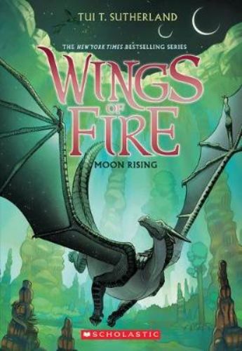 Cover of 'Moon Rising' featuring a young NightWing dragon in a lush rainforest setting, hinting at adventure and intrigue.