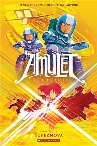 Cover of 'Amulet: Escape from the Void' showcasing Emily's struggle in a vibrant fantasy setting.