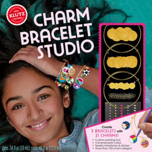 DIY Gold Charm Bracelet kit with gold bangles, metal charms, and paints for children's creativity and self-expression.