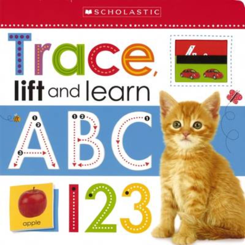 Interactive board book for kids featuring indented letters and numbers for tracing and counting fun.