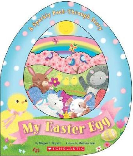 Colorful egg-shaped board book with sparkly die-cuts and peek-through windows, perfect for Easter storytelling.