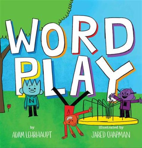 Colorful hardback children's book 'Wordplay' featuring playful parts of speech characters on an imaginative playground.
