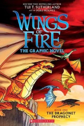 Wings of Fire Graphic Novel #1 cover featuring vibrant illustrations of dragonets in a fantasy landscape of Pyrrhia.