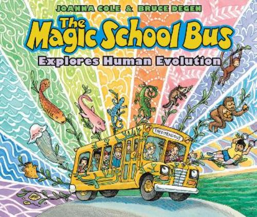 Colorful cover of 'The Magic School Bus Explores Human Evolution,' a fun hardback book for kids about human history.
