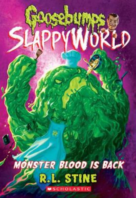 Cover of 'Monster Blood Is Back' with Slappy, the notorious villain, presenting a chilling Goosebumps tale on a spooky background.