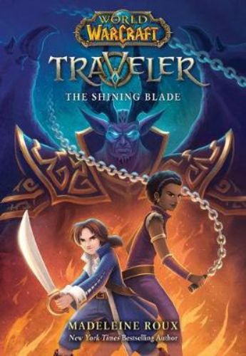 The Shining Blade book cover featuring Aramar and Makasa amidst a fantasy landscape in Azeroth, showcasing vibrant artwork.