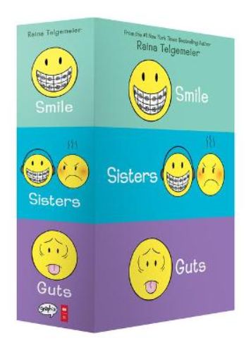 Smile/Sisters/Guts Box Set featuring Raina Telgemeier's captivating memoirs on resilience, sibling bonds, and childhood anxieties.