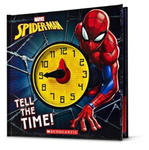 Colorful novelty book featuring Spider-Man, designed to help kids learn to tell time through engaging activities and illustrations.