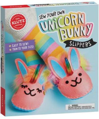 DIY kit to sew unicorn bunny slippers with felt pieces, sequins, and fur for trendy, cozy footwear.