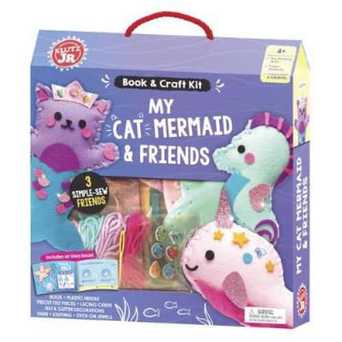 Craft kit for kids to sew plush sea creatures: a cat mermaid, a seahorse, and a narwhal with vibrant materials included.