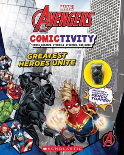 Interactive Avengers activity book with puzzles, comics, stickers, and a Black Panther pencil topper for young fans.