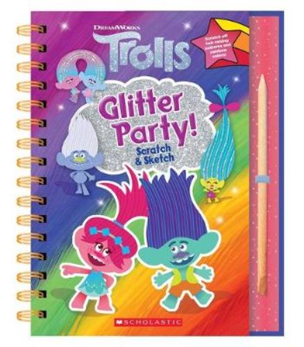 Interactive novelty book featuring Trolls characters, scratch to reveal colors, activities, and surprises for kids.
