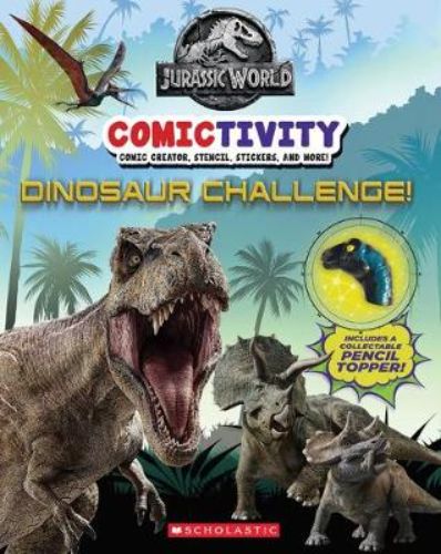 Activity book featuring puzzles, comics, stickers, and stencils centered around Jurassic World dinosaurs for young fans.