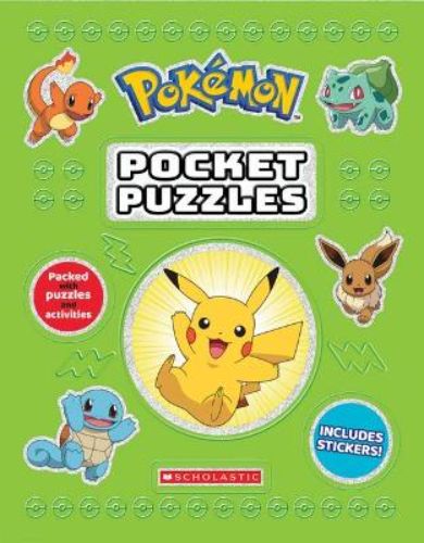 Pocket-sized Pokemon puzzle book with vibrant cover, 150+ fun activities, and stickers for aspiring Trainers.
