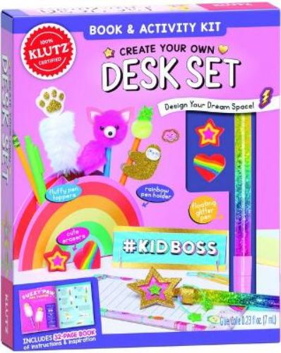 Colorful DIY Desk Set by Klutz featuring craft materials for pen toppers, pen holder, name plate, and fun accessories.