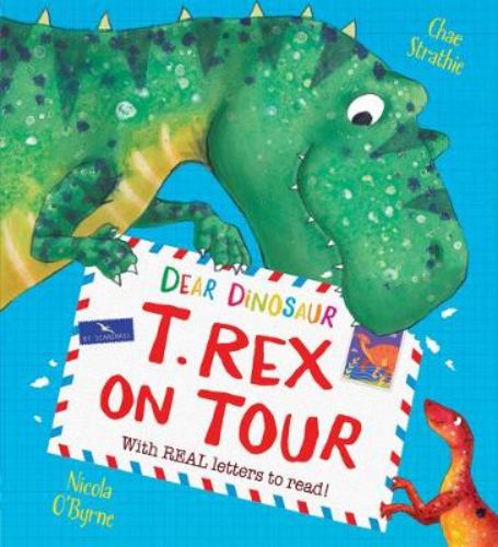 Interactive children's book 'Dear Dinosaur: T. Rex on Tour' featuring Max and T. Rex's global adventures and fold-out letters.
