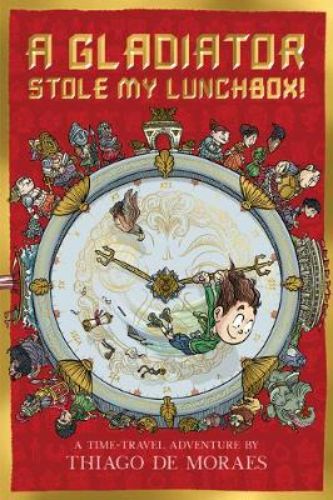 A captivating book cover featuring a young boy amidst gladiators, lions, and ancient Roman scenery, illustrating a thrilling time-travel adventure.