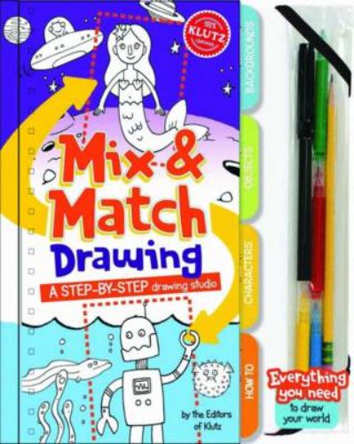 Drawing book with colorful markers and tools for creating imaginative scenes like cats in space and hippos in a lunchroom.