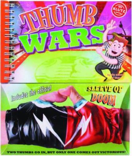 Hardback novelty book 'Thumb Wars' with vibrant illustrations and the unique 'Sleeve of Doom' for fair thumb wrestling fun.
