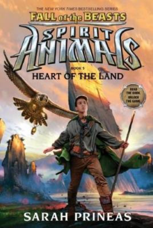 Cover of 'Heart of the Land', fifth book in Spirit Animals series, featuring vibrant artwork of heroes and spirit animals in action.